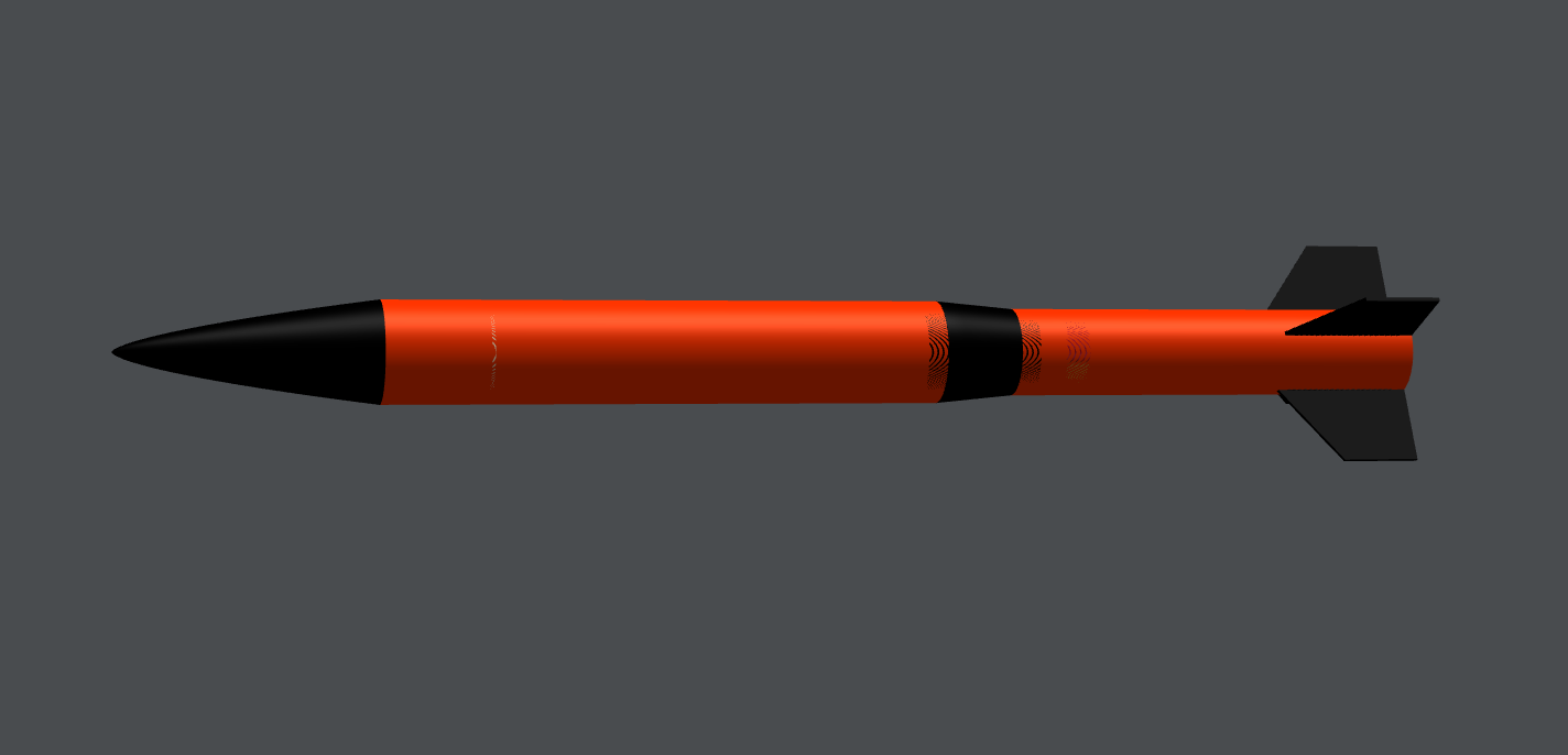 Pyroraptor competition rocket 3D render with black nose cone, gold airframe, and black fins